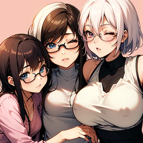 Anime, adult, 2girl, ,dark brown hair with highlights, brown eyes, light pink glasses, small boobs, long hair. white hair, blue eyes, short hair, big boobs, lesbian, no glasses, eyes closed, scissoring