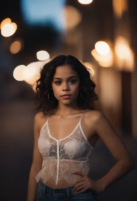 Create a Beautifully exposed sexy photograph of Jenna Ortega. About 23 years old. Standing in from of camera. Behind there should be a city center. Girl wears only top less, sheer silk, transparent lace. Background is blurry.