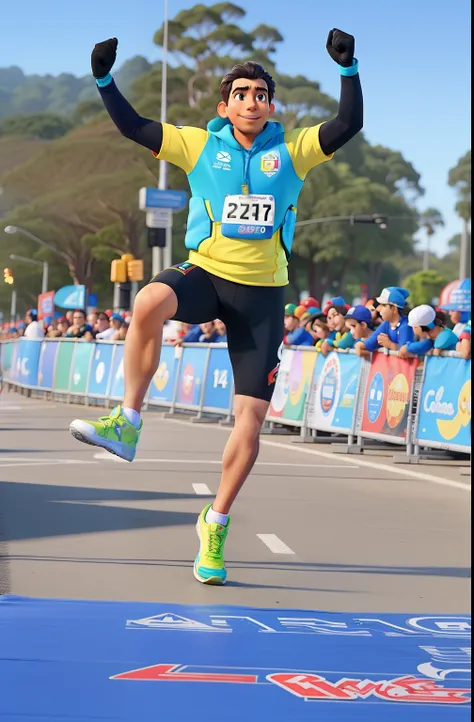 Um maratonista cruzando a linha de chegada na Disney Marathon.