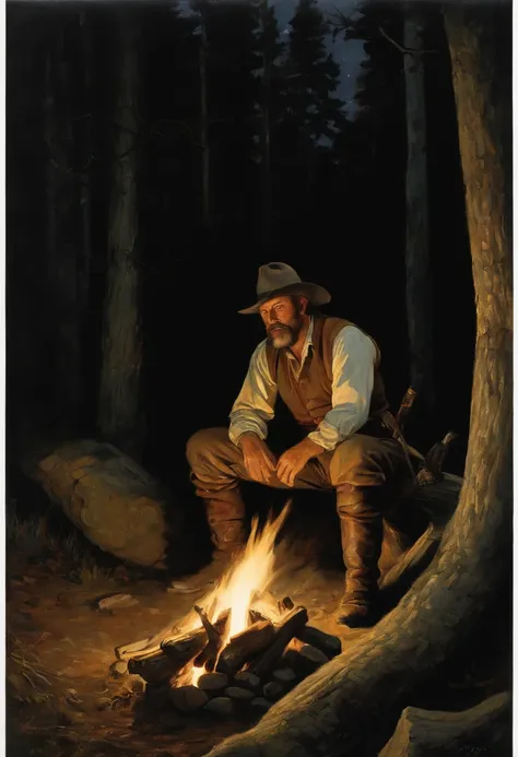 A single early American frontiersman sitting in a clearing in the forest, beside a primitive fire. A pot of coffee sitting on a rock by the fire. Food cooking above the fire. Night scene. campfire glow, dramatic lighting, stars in the sky, clearing in the ...