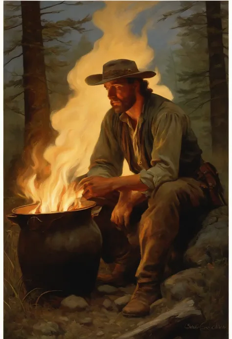 A single early American frontiersman sitting in a clearing in the forest, beside a primitive fire. A pot of coffee sitting on a rock by the fire. Food cooking above the fire. Night scene. campfire glow, dramatic lighting, stars in the sky, clearing in the ...