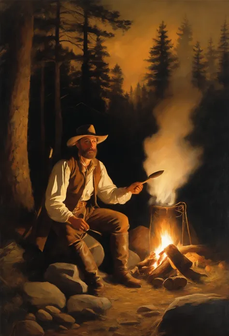 A single early American frontiersman sitting in a clearing in the forest, beside a primitive fire. A pot of coffee sitting on a rock by the fire. Food cooking above the fire. Night scene. campfire glow, dramatic lighting, stars in the sky, clearing in the ...