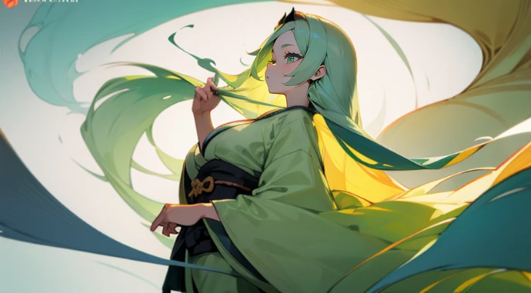 Highly detailed　A Japanese style　a beauty girl 　 long blonde hair　samurais　pale green kimono　　Blue hair fastening　Green eyes　huge tit　　Looks Back　smoke