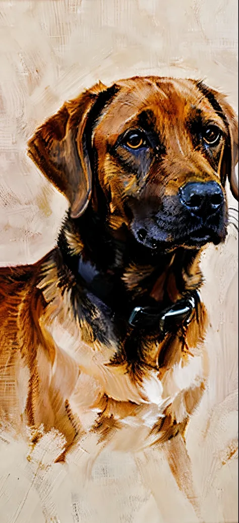 a oil painting portrait of a tan english labrador but it has a black muzzle, black around the eyes, and black tipped ears in an ...