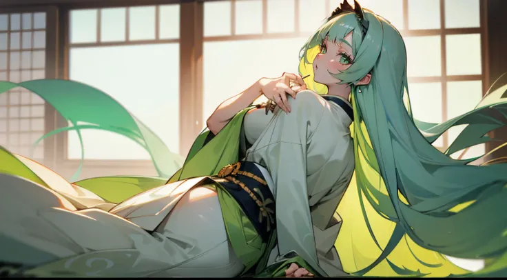 Highly detailed　A Japanese style　a beauty girl 　 long blonde hair　samurais　pale green kimono　　Blue hair fastening　Green eyes　huge tit　　Looks Back