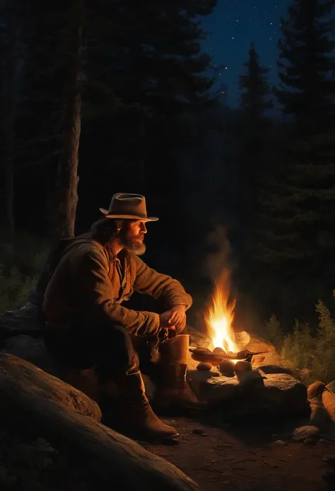 A single early American frontiersman sitting in a clearing in the forest, beside a primitive fire. A pot of coffee sitting on a rock by the fire. Food cooking above the fire. Night scene. campfire glow, dramatic lighting, stars in the sky, clearing in the ...