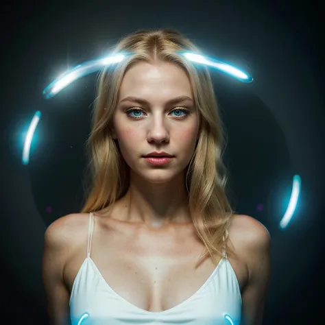 a magnificent woman, blonde, blue eyes, thin, ultra-realistic face, she is located in the center of the photo, a luminous halo around her, underneath is written "CHERRY her Majesty"