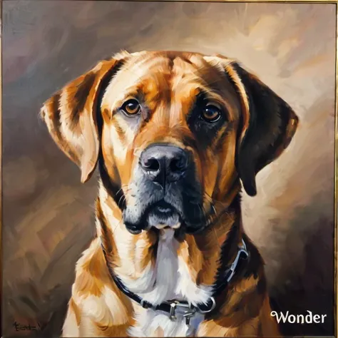 A oil painting portrait of a tan English Labrador but it has a black muzzle, black around the eyes, and black tipped ears in an angled position