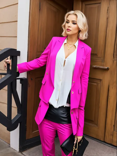 Disney effect image of a platinum blonde woman with medium hair, liso ondulado, com pele clara e olhos amendoados. Wearing fuchsia pink trousers and blazer and black blouse with I&#39;m nails vip written on it, gold shoes and accessories.