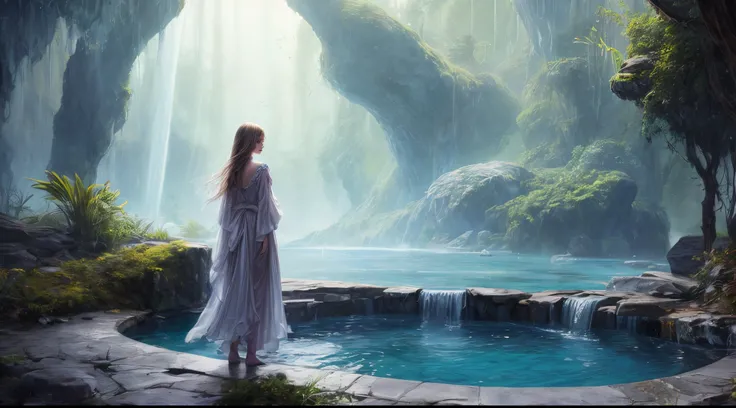 Painting: An enchanting artwork portraying a girl wearing silk, standing at the edge of a mystical pool, surrounded by swirling enchantments, with the distant planet casting an ethereal light upon her.