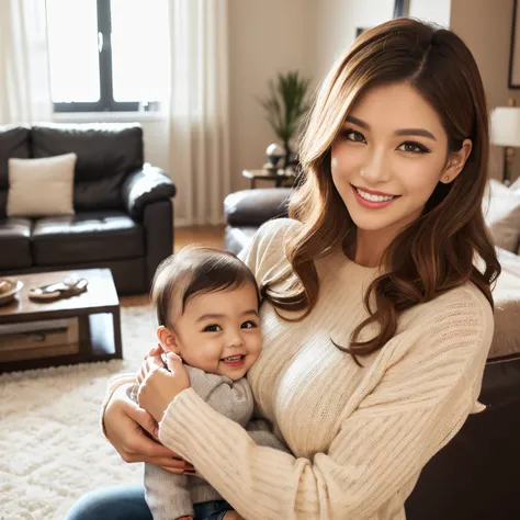 ((top-quality、masutepiece、8K、Top image quality))、(1 photo:1.5)、(a woman is holding a baby:1.5)、(realistic and accurate baby:1.5)、(Tight sweaters:1.3)、(Color Contacts:1.3)、(blondehair:1.5)、(tight waist black sweater)、(The background is the living room of a ...