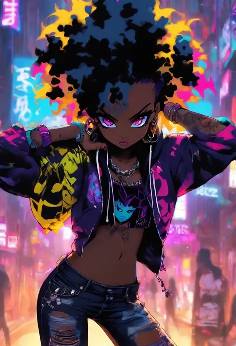 The most beautiful and sexy punk rock girl, black Afro, black and purple, blue hair, yellow eyes, dark skin, (full body concept), wearing a hoodie, Graphic design jacket and torn skinny jeans, tons of tattoos and piercings, Perfect masterpiece, high qualit...