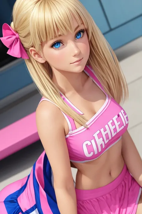 very realistic blonde blue eyes cheerleder in pink