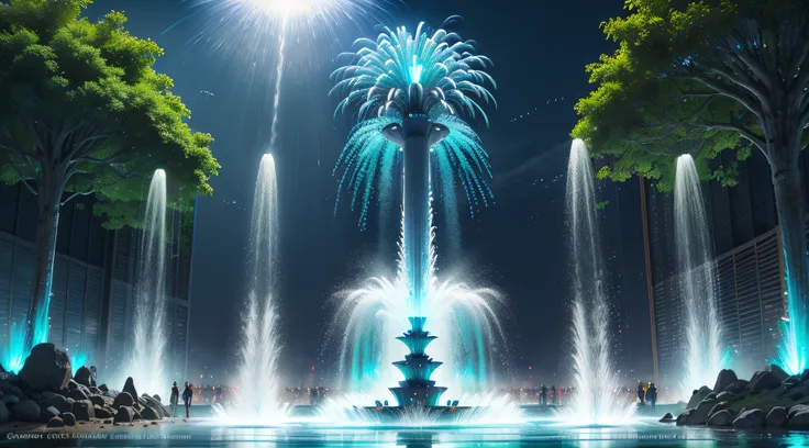 futuristic, original and colorful water fountains.  sparkling water jets, splashing droplets, refreshing mist, vibrant atmospher...