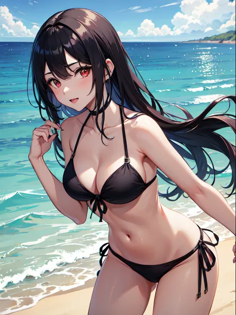 1girl, red eyes, black long hair, black bikini, medium breasts, sea, beach