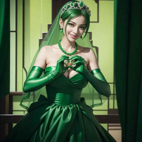 emerald tiara, Green Pearl Necklace, Boyish very short green hair, lipsticks, Japan woman smiling, very short short hair,  big breasts beautiful, Green eyes, Long green gloves made of satin material, Green eyes, Emerald Earrings, green vale, Heart with bot...