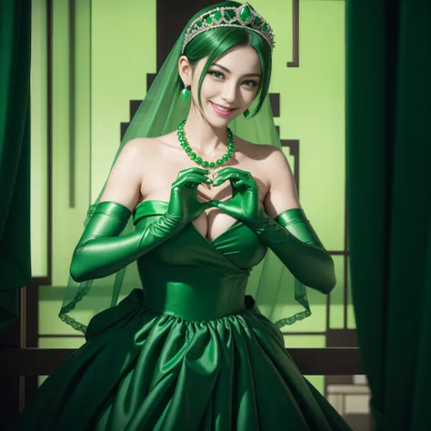 emerald tiara, Green Pearl Necklace, Boyish very short green hair, lipsticks, Japan woman smiling, very short short hair,  big breasts beautiful, Green eyes, Long green gloves made of satin material, Green eyes, Emerald Earrings, green vale, Heart with bot...