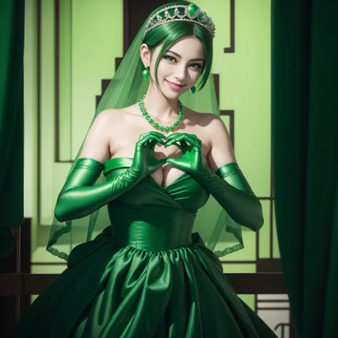 emerald tiara, Green Pearl Necklace, Boyish very short green hair, lipsticks, Japan woman smiling, very short short hair,  big breasts beautiful, Green eyes, Long green gloves made of satin material, Green eyes, Emerald Earrings, green vale, Heart with bot...