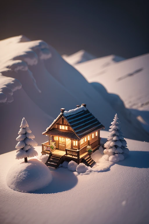 （Estilo Pixar),Acogedor modelo de casa triangular de campo, bosque, nublado, nieve, Modelos de figuras en miniatura, Fuente de luz de derecha a izquierda, Rambrandt Lighting, Fuente de luz de derecha a izquierda, (isometric view), (De arriba hacia abajo), ...