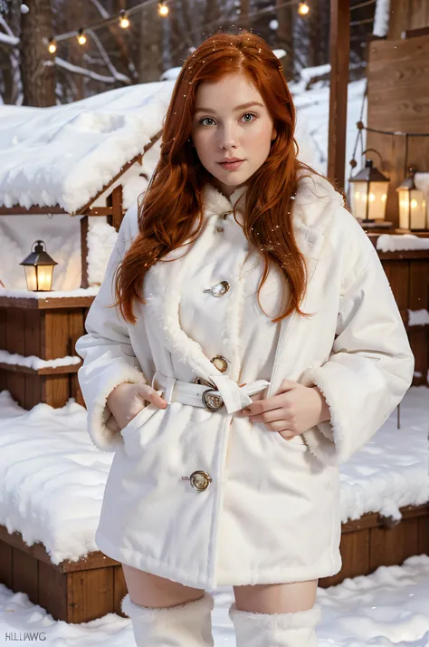 Red-haired woman in a white fur coat poses for a red-haired girl, snowing, She wears a fur coat, In the snow, fur, cute young redhead girl, SFW, beautiful upper body, Warm light lanterns, Redhead, Smooth skin, Realistic, 4k, in white high boots full-length...