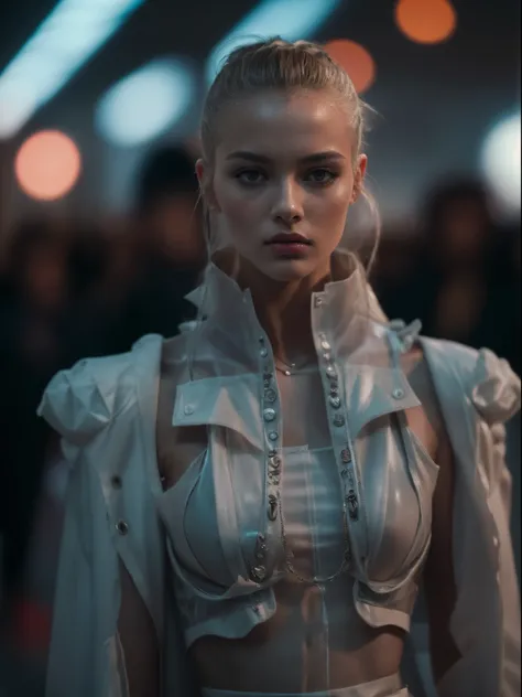 RAW photo,  a fashion model, walk on runway, cyberpunk fashion, (photo-realistic:1.5), (RAW photo, 8k uhd, film grain), extremely delicate and beautiful, highres, sharp focus, extremely detailed, masterpiece, cinematic lighting, (high detailed skin:1.2), d...