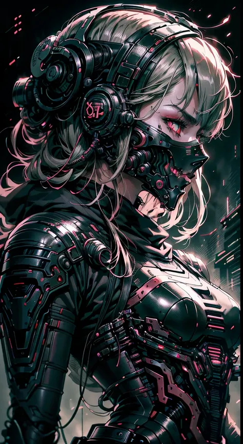 anime style from 80s, (woman in sci-fi armor, dark red-gray armor), style of junji ito, sweat under the eyes, Ink sketch, monochrome with two colors, Armored tubes and wires, Complex background, dark pattern with black gradients, style of junji ito, Ghost ...