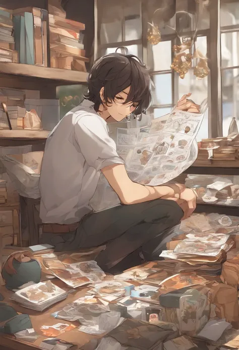 A photo of the character organizing a collection of anime stickers in a themed scrapbook.,original,skinny, bad skin, long hair, greasy hair, ferrety face, wispy moustache , male