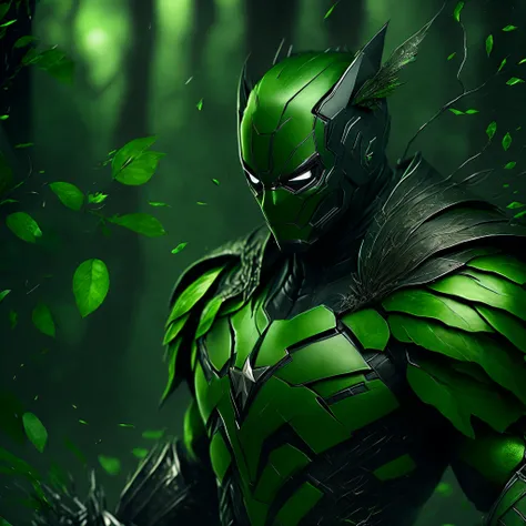 Close-up (green and black leaf guy from Marvel in Goth style: 1.3) emerging from the green forest , well detailed, sparks, metal shavings, flying debris, volumetric light