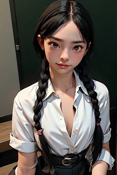 (masterpiece, best quality: 1.2), yoru(chainsaw girl),(very detailed face, real image, realistic skin, realistic body, intricate details), red eyes (intimidating look), light blush, social clothing, semi-open button-up shirt (White), white bra, Skirt (blac...