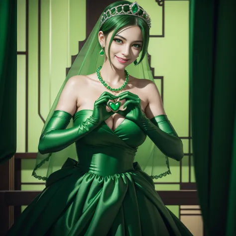 emerald tiara, Green Pearl Necklace, Boyish very short green hair, lipsticks, Japan woman smiling, very short short hair,  big breasts beautiful, Green eyes, Long green gloves made of satin material, Green eyes, Emerald Earrings, green vale, Heart with bot...