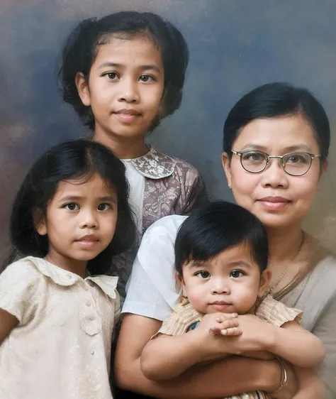 There are three children and a woman with glasses who are posing for a photo together, an indonesian family portrait, family portrait, altamente detalhado, Happy family