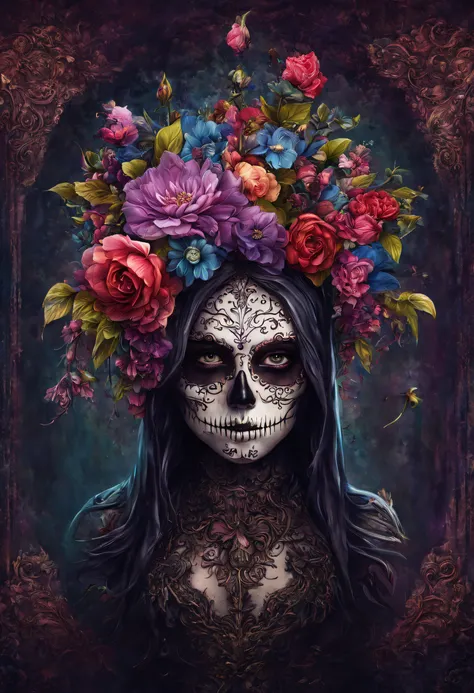 Uma caveira no mundo da fantasia, vibrant flowers and colors in a gothic atmosphere, 32k,imagem artista profissional