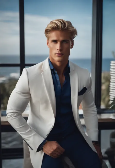 Man in marine blue suit with white shirt, long short blond hair, and blue eyes, attractive male, handsome male, handsome young man, handsome and attractive, blonde and attractive features, attractive man, attractive young man, cool _ hairstyle, blond man, ...