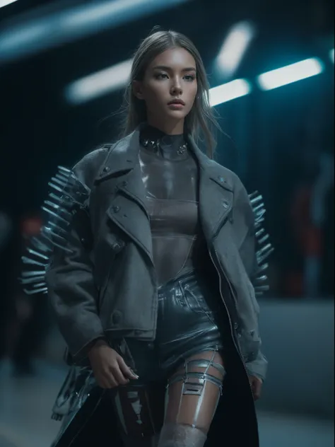 RAW photo,  a fashion model, walk on runway, cyberpunk fashion, (photo-realistic:1.5), (RAW photo, 8k uhd, film grain), extremely delicate and beautiful, highres, sharp focus, extremely detailed, masterpiece, cinematic lighting, (high detailed skin:1.2), d...