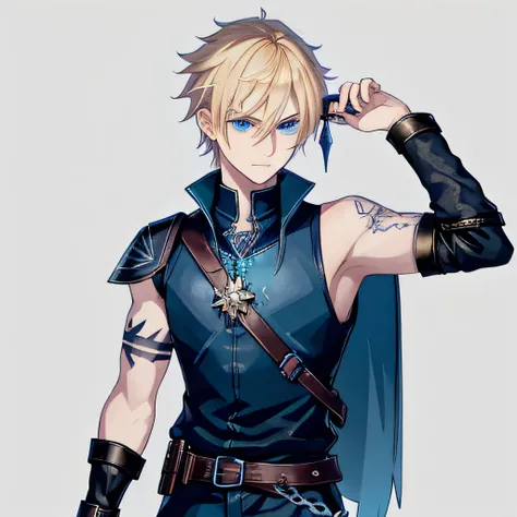 Fantasy boy with blonde hair, blue eyes. Wearing simple leather clothes. Carries a shoulder bag with alchemical vials and a diary. With a tattoo on the right arm. With a crow on his shoulder. Grey background.