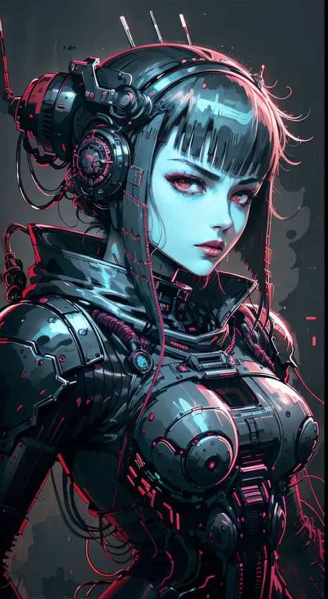 anime style from 80s, (woman in sci-fi armor, dark red-gray armor), style of junji ito, sweat under the eyes, Ink sketch, monochrome with two colors, Armored tubes and wires, Complex background, dark pattern with black gradients, style of junji ito, Ghost ...