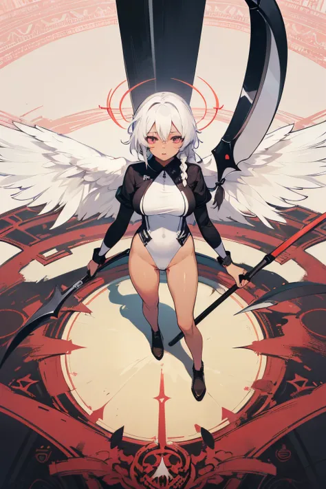 ((from above)), soars, ((huge scythe)), ((pussy)), ((cover, poster)), (((skinny))), masterpiece, best quality,ultra-detailed,1girl, (big nipples:0.8), young girl, big breast, white hair, dark skin. pink eyes, ((braid)), white leotard, (wings), halo, lace