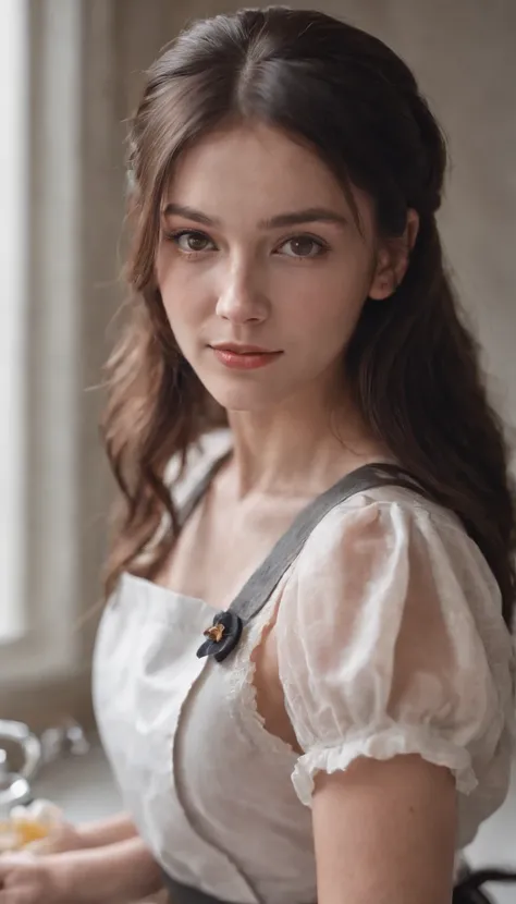 a closeup portrait of a playful maid, long hair, natural, naked, wearing an apron, amazing body, pronounced feminine feature, kitchen, [ash brown | black hair], freckles, flirting with camera