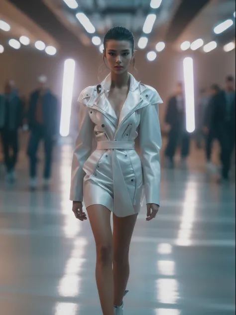 RAW photo,  a fashion model, walk on runway, cyberpunk fashion, (photo-realistic:1.5), (RAW photo, 8k uhd, film grain), extremely delicate and beautiful, highres, sharp focus, extremely detailed, masterpiece, cinematic lighting, (high detailed skin:1.2), d...