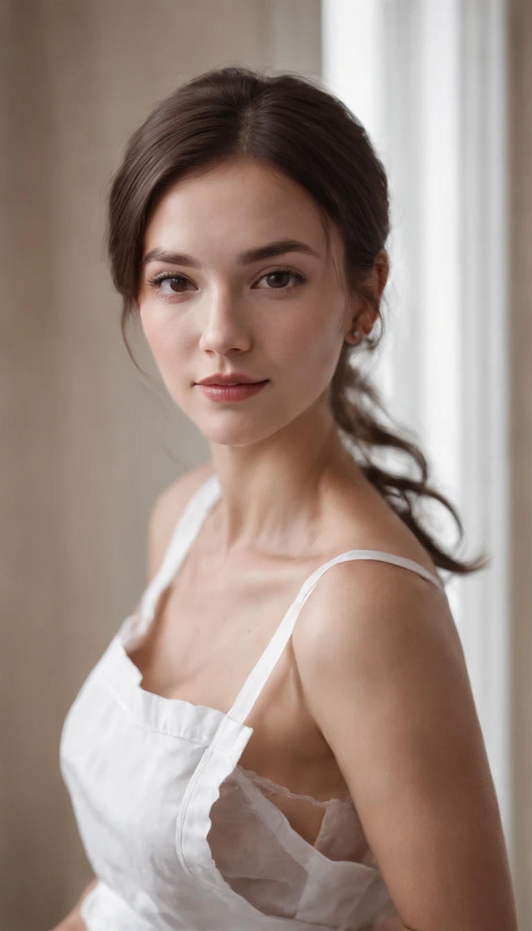 a closeup portrait of a playful maid, undercut hair, natural, naked, nude, wearing an apron, sideways, amazing body, pronounced feminine feature, kitchen, [ash brown| ginger | black hair], freckles, flirting with camera