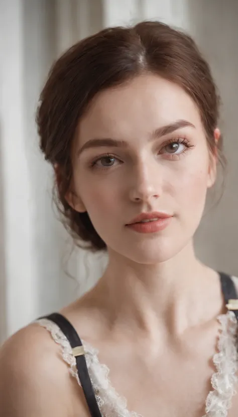 a closeup portrait of a playful maid, undercut hair, natural, naked, nude, wearing an apron, sideways, amazing body, pronounced feminine feature, kitchen, [ash brown| ginger | black hair], freckles, flirting with camera