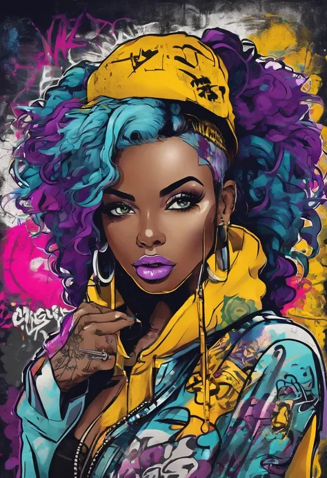 The most beautiful and sexy punk rock girl, black Afro, black and purple, blue hair, yellow eyes, dark skin, full body, wearing a hoodie, Graphic design jacket and torn skinny jeans, tons of tattoos and piercings, Perfect masterpiece, high quality, High re...