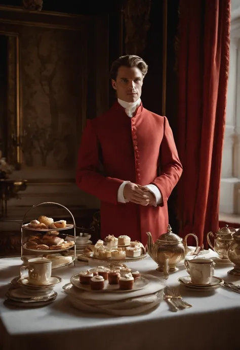 An image of Waterford elegantly sipping a cup of black tea at a beautifully set table with a spread of decadent desserts.,The Handmaids Tale,Fred Waterford, a character from “The Handmaid’s Tale,” presents a commanding figure with a stern, composed demeano...