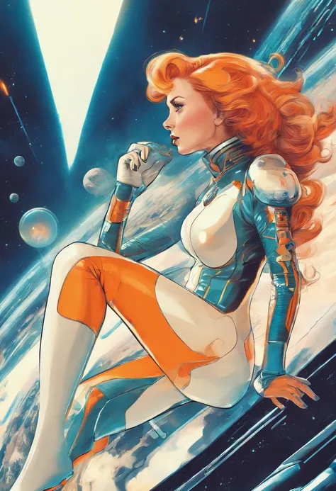 Masterpiece, superlative, realistic, female space pilot wearing a futuristic space suit, latex, gold, white, shiny, top, shorts, bare waist, HD, the girl is floating around in horizontal pose, no gravity, weightless, flying around, through a small window a...