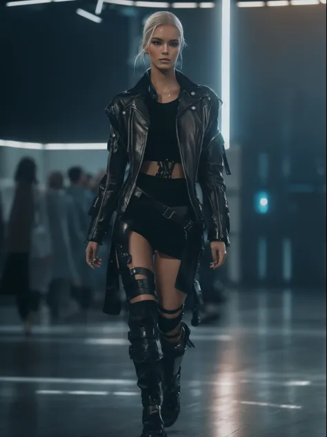 RAW photo,  a fashion model, walk on runway, cyberpunk fashion, (photo-realistic:1.5), (RAW photo, 8k uhd, film grain), extremely delicate and beautiful, highres, sharp focus, extremely detailed, masterpiece, cinematic lighting, (high detailed skin:1.2), d...