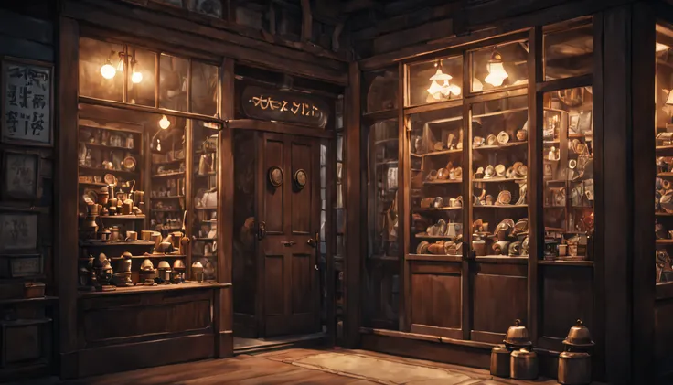 a cinematic still from an anime movie, quaint interior of an antique shop, shop door is shown with a bell on top of it high res, Sony fe 24-70mm f/2.8 gm, 32k UHD, moody lighting, muted cinematic color grading --ar 16:9