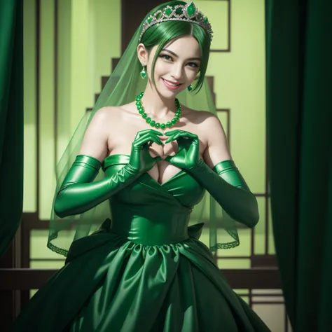 emerald tiara, Green Pearl Necklace, Boyish very short green hair, lipsticks, Japan woman smiling, very short short hair,  big breasts beautiful, Green eyes, Long green gloves made of satin material, Green eyes, Emerald Earrings, green vale, Heart with bot...