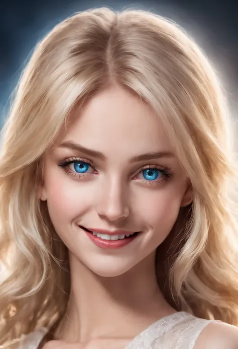 a magnificent woman, blonde, blue eyes, slim, ultra-realistic face, she wears a magnificent smile, she is located in the center of the photo, a luminous halo around her, underneath is written "CHERRY her Majesty"