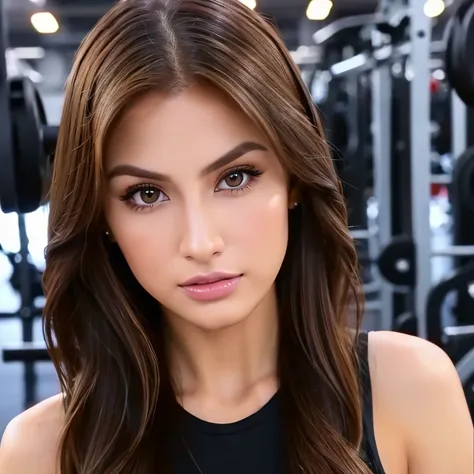 arafed woman with black clothes, fully dressed, pretty girl with brown eyes, brown hair, in the gym, august ames, looking directly at the camera, face with artgram, subtle makeup, stunning full body shot