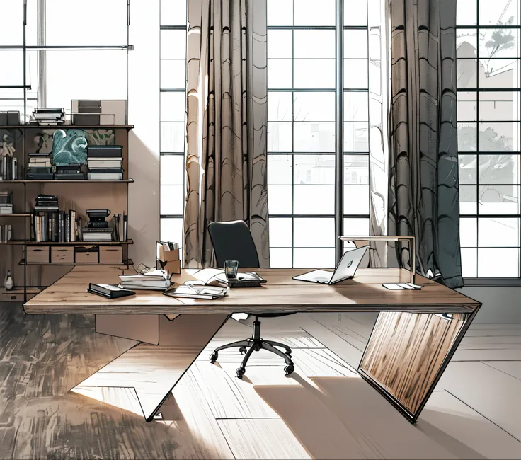 there is a desk with a laptop and a book on it, big desk, wooden desks with books, desks, elegant study, minimalist home office, designer furniture, home office interior, by Alexander Brook, inspired by Antonín Chittussi, minimalist desk, home office, desk...